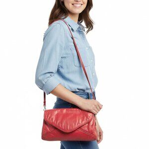 Vintage ANDREA Red Leather Envelope Style Purse Shoulder Bag Retro Long Strap